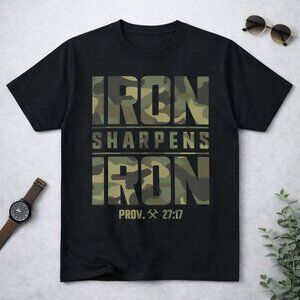 Iron Sharpens Iron Proverbs 27:17 Camo Graphic Tee Christian Faith Fitness Shirt